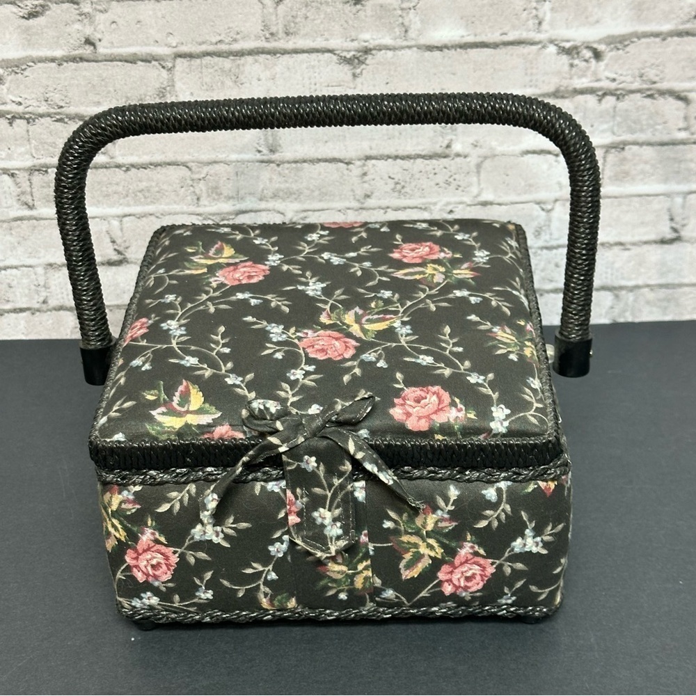 Vintage Sewing Box Black Pink Floral Handle 9in X 7in X 8in
